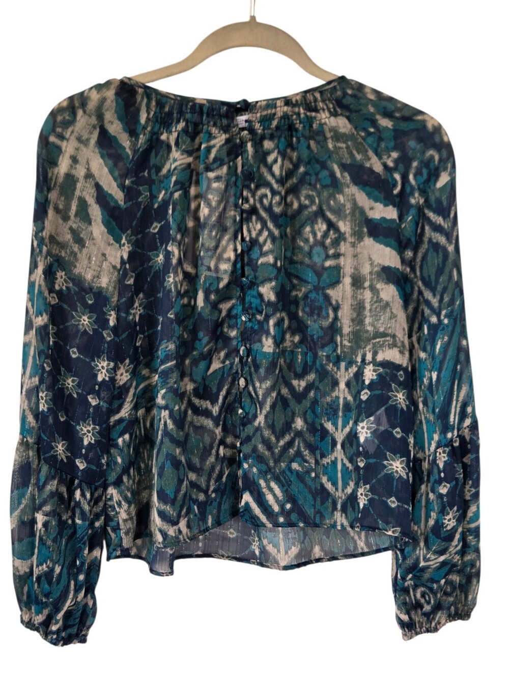 Zara NWT Teal Paisley Semi Sheer 70s Boho Peasant Blouse Balloon Sleeve XS